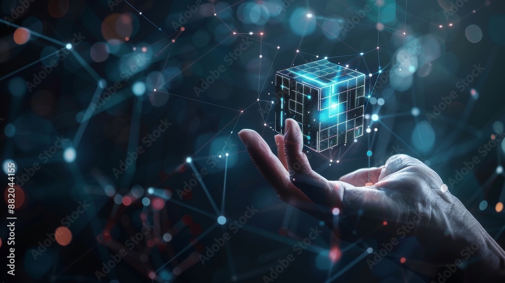 Poster new technology using blockchain for transferring digital information, big data and blockchain techno