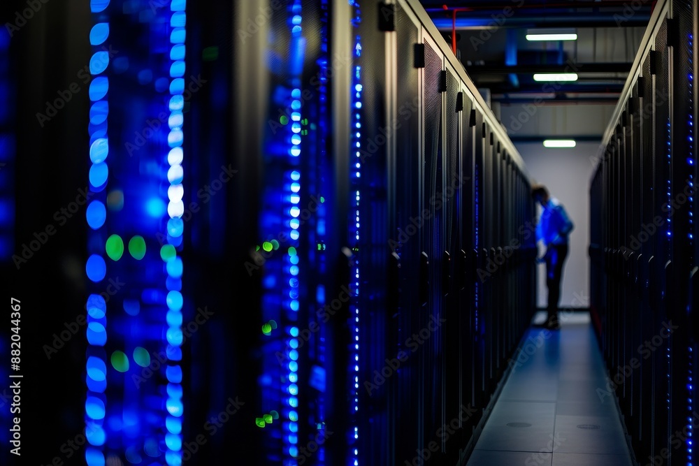 Poster it professional monitoring server performance on a digital tablet in a high-tech data center. webhos