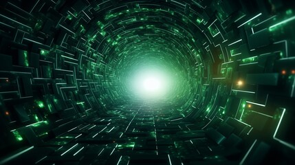 Obraz premium Futuristic Digital Tunnel with Glowing Green Light and Abstract Patterns