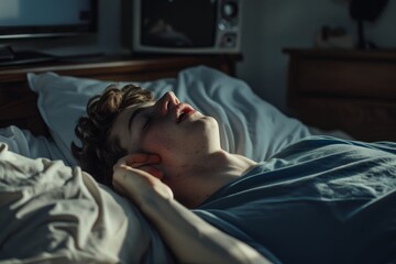 At home, teenager yawning in the morning as he wakes up