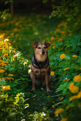 A dog without a breed sits on the grass among dandelions