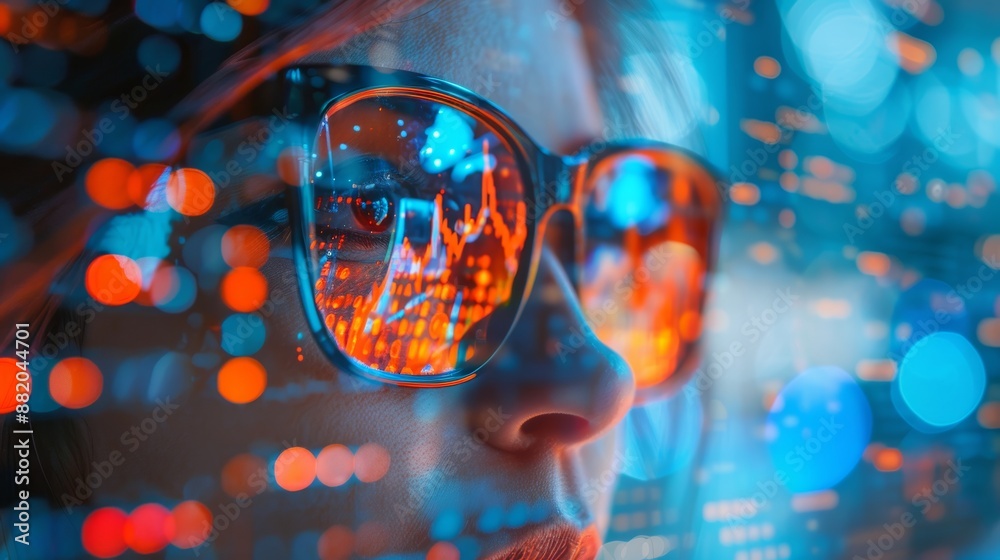 Poster ui and big data concepts reflected in eyeglasses on a man's face. computer programmer big data conce