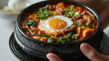 Haemultang korean food with accompaniments in a black bowl with hand, looks delicious on a clean white background.