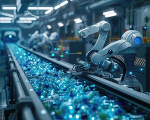 Automated machinery in a modern industrial factory sorting blue bottles on a conveyor belt under bright lighting and futuristic tech setup.