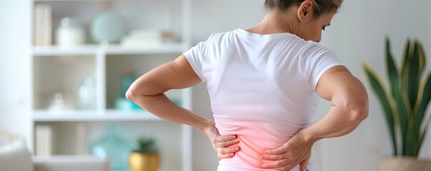 Woman experiencing lower back pain, standing in a bright room, hands on her back for relief, highlighting discomfort and health issues.