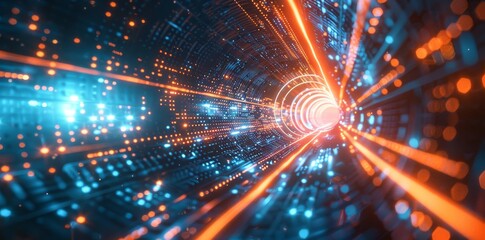 Obraz premium The background of this digital technology background displays blue and orange lights and glowing digital data streams throughout an abstract futuristic space tunnel or dark corridor full of small