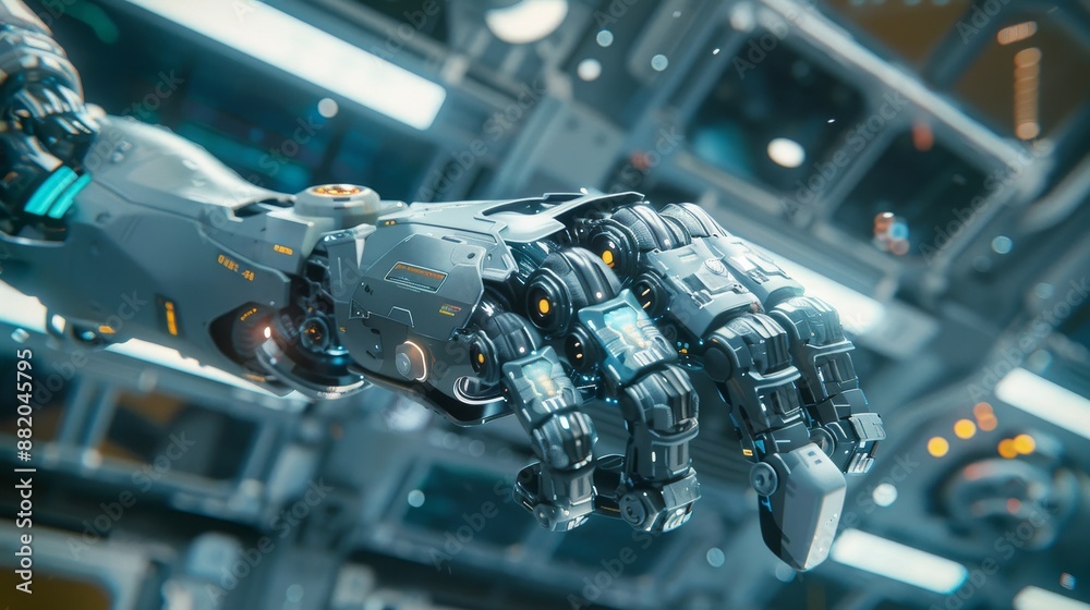 Poster the hand of an ai robot is shown on a screen. the implication is that ai is able to create new techn
