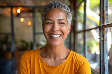 portrait of a smiling a happy woman wearing a t shirt