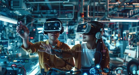 Fototapeta premium A high-tech lab features Asian engineers interacting with virtual reality