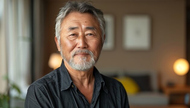 50 year old smiling adult Asian man on beige monochrome background, male portrait