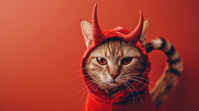 Close-up of a cat dressed as a devil for HALLOWEEN, showing tiny red horns and a tail, wearing a tiny red costume, standing in front of a red background, Portrait close-up, hyper-realistic, high