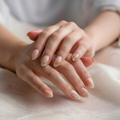 beautiful female hands with white nails.