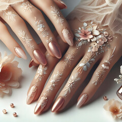 beautiful female hands with white nails.