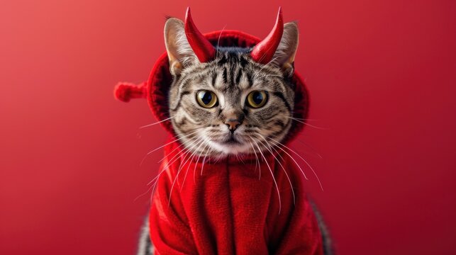 Close-up of a cat dressed as a devil for HALLOWEEN, showing tiny red horns and a tail, wearing a tiny red costume, standing in front of a red background, Portrait close-up, hyper-realistic, high