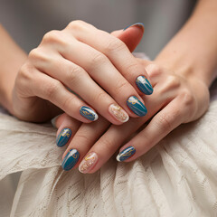 beautiful female hands with white nails.