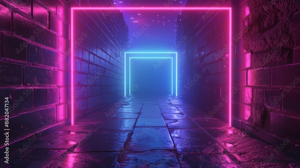 Canvas Prints Detailed neon background in 3D, glowing rectangular frame in cyberspace, virtual reality scene in virtual reality, road between walls of blocks in the night