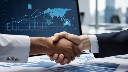 Multinational business people shaking hands and business data concept