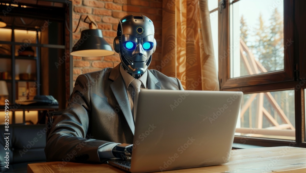 Poster stock chatbot robot assistant using computer as stock. business concept. stock view.