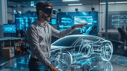 Obraz premium View of AR augmented reality mock-up of car design in R&D center