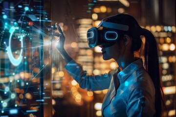 Metaverse, virtual reality, and female working in an office at night using AI, software, and simulation technology for 3D digital transformation.