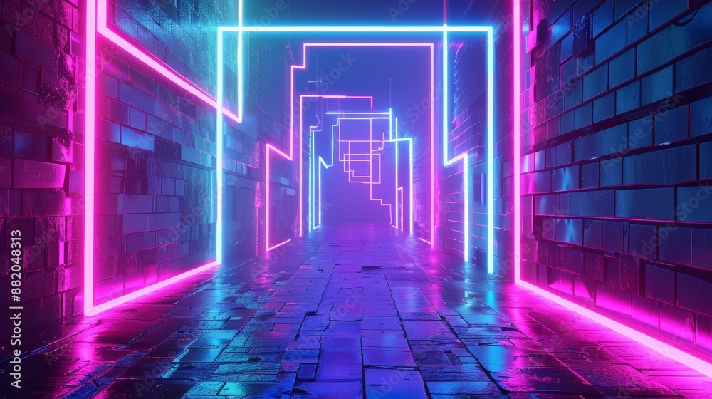 Poster In virtual reality, a neon neon background covers a glowing rectangular frame in cyber space, a street running between walls of blocks under the night sky.