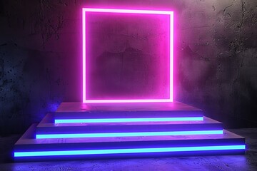 Fototapeta premium Animated 3D render of abstract pink blue violet neon background, music performance stage, glowing rectangular arch over stairs, blank banner, ultraviolet spectrum, laser show.