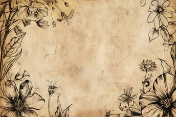 Flowers as ing drawing framing blank space on old paper