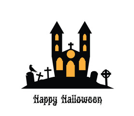 Happy Halloween Greeting with Old Church and Graveyard in the Yard. National autumn time holiday concept vector art