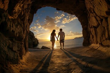 Fototapeta premium A couple holding hands walks through a rock tunnel towards a stunning sunset view, symbolizing a journey and new beginnings as they emerge from the darkness.