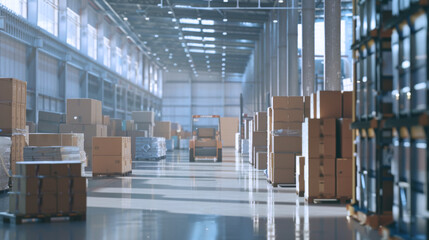 Forklift operator lifts pallets with cartons in warehouse. Logistics and distribution centers, products are available for global transportation and customer delivery. Asia warehousing, Asia warehouse