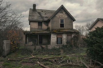 Old abandoned house in a green field with overgrown vegetation and no signs of life