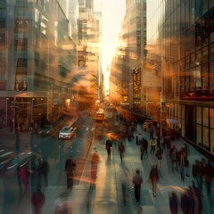 Dynamic Cityscape: Morning Rush Hour in a Metropolis Captured in Motion Blur and Golden Sunlight and Intention Camera Movement.