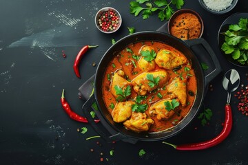 Top view of delicious spicy chicken curry garnished with cilantro, surrounded by assorted spices and fresh red chili peppers.