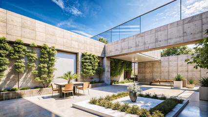 a modern architectural space with concrete walls and natural decoration, luxury home