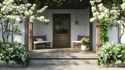 Front door of a white house with stairs and lots of plants