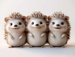 Charming 3D Illustration of Three Smiling Hedgehogs in Soft Pastel Colors

