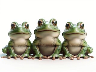 3D Illustration of Three Adorable Frogs with Big Eyes in Vibrant Colors

