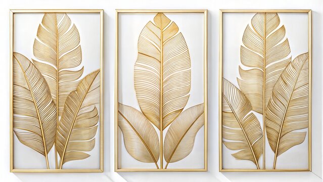 set of three vertical poster, minimalist hand drawing art  botanical leaf, isolated on white background 