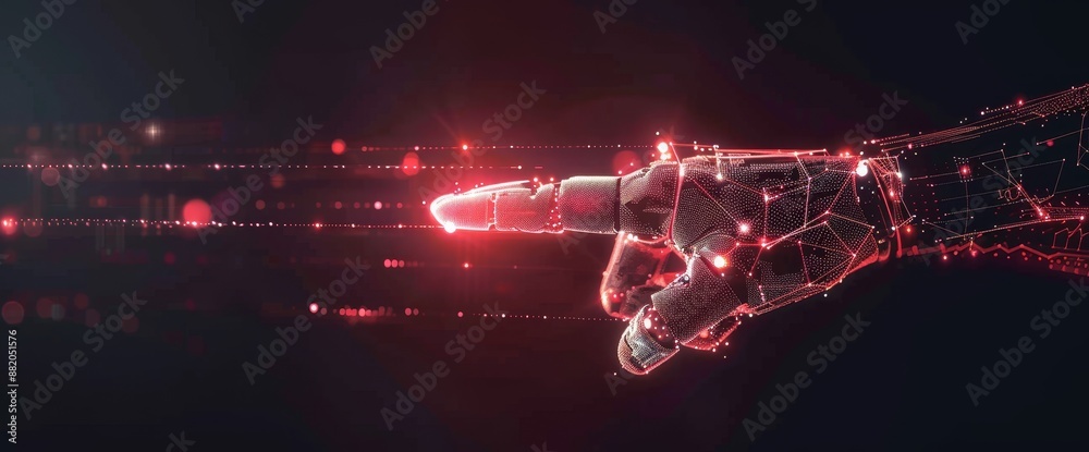 Poster creating a digital hand hologram on a dark background with copy space. using a neural network connec