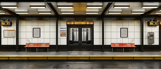 Empty subway station with clean tiled wall and floor in 3D rendering.