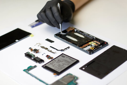 Professional repair of a disassembled smartphone, master with tweezers and gloves working on broken parts. Disassembled smartphone with parts laid out - Powered by Adobe