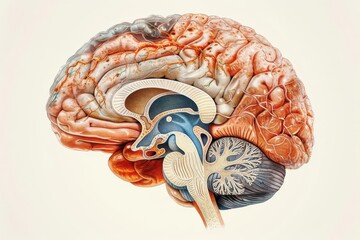 Artistic rendering of human brain anatomy, labeled brain regions, medical illustration, detailed neurological study, educational purposes