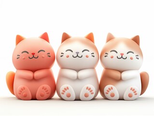 Adorable 3D Illustration of Three Smiling Lucky Cats in Warm Pastel Hues

