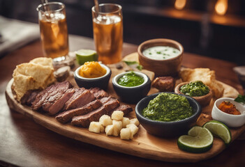 Churrasco platter with chimichurri and pão de queijo on a wooden board with a caipirinha in a gourmet Brazilian steakhouse
