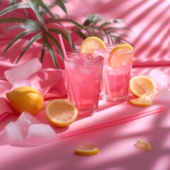 Assorted cold beverages with citrus fruits, and ice on a pink background. Copy space for text