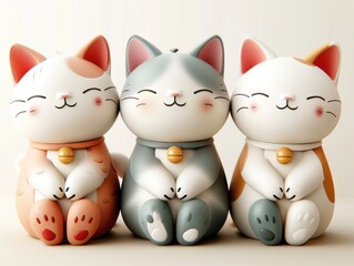 Adorable 3D Illustration of Three Smiling Lucky Cats in Soft Pastel Colors


