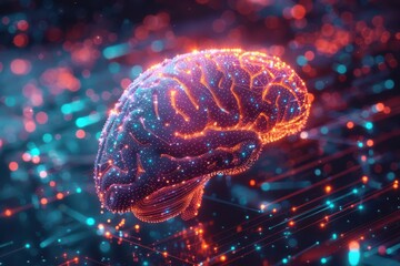 Fototapeta premium Brain anatomy with glowing neon neural networks and digital pathways, futuristic technology concept, detailed brain illustration