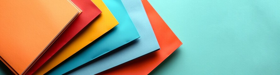 Fototapeta premium Top view vibrant Papers and folders stacked on top of each other on a simple blue background with copy space. Back to school. Banner, poster, Banner for blog, social media, shop.