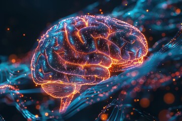 Fototapeta premium Brain anatomy with glowing neon neural networks and digital pathways, futuristic technology concept, detailed brain illustration