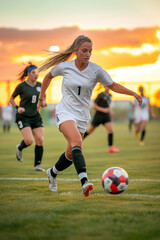 Obraz premium A female soccer player dribbling the ball past opponents on an outdoor field with sunset sky on background.